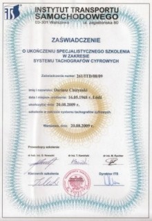 certyfikat Instytutu Transportu Samochodowego - Veto doradztwo transportowe