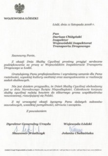 Podziękowanie za pracę w Wojewódzkim Inspektoracie Transportu Drogowego w Łodzi - Dariusz Chyżyński - Veto doradztwo transportowe